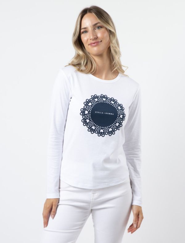 Stella+Gemma Long Sleeve T Shirt White & Navy Doily | Allium Interiors