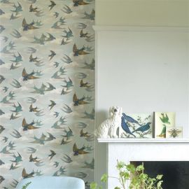 John Derian Wallpaper Chimney Swallows Sky Blue